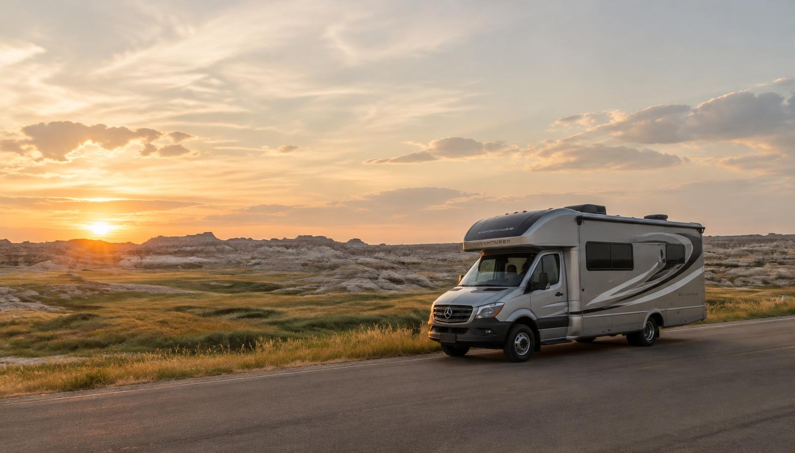 Motorhome on an open South Dakota road at sunset