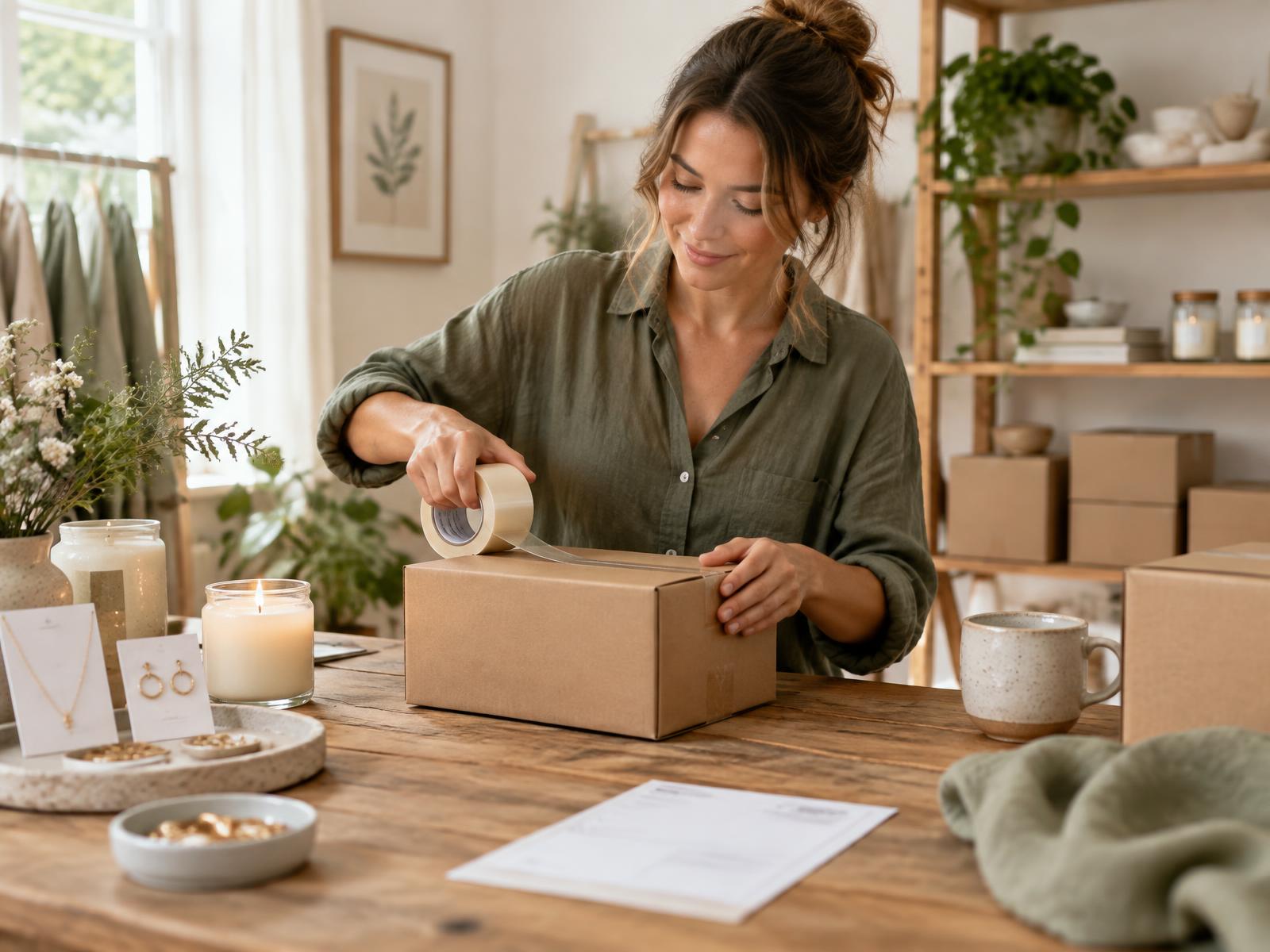 Home based seller taping a shipping box at a packing table with products and mailers