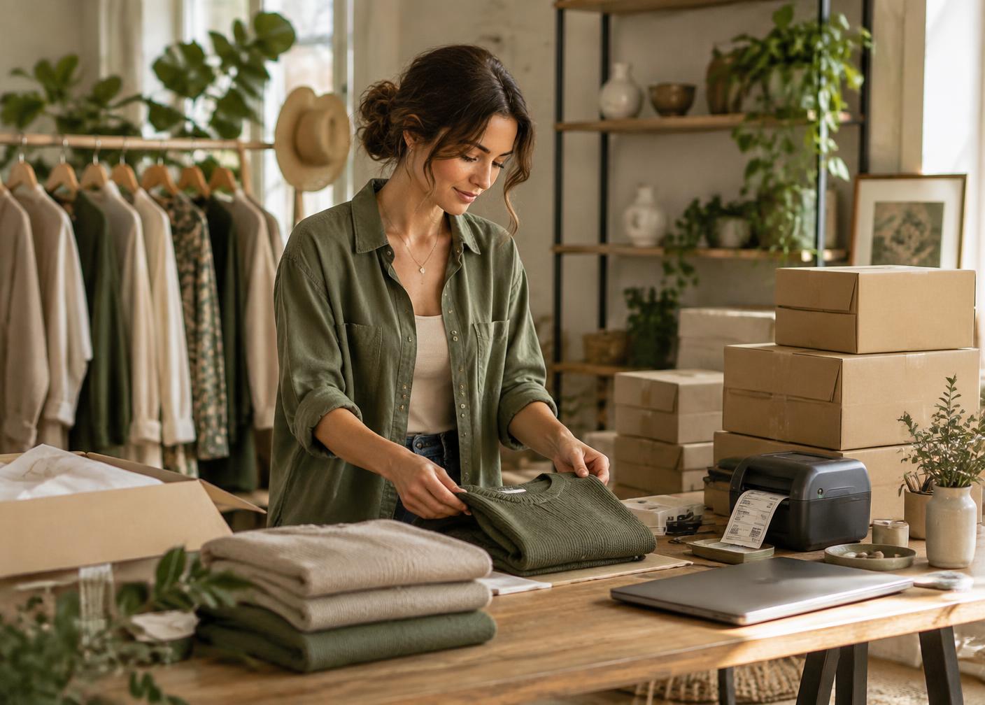 Apparel seller folding items beside stacked shipping boxes and a label printer